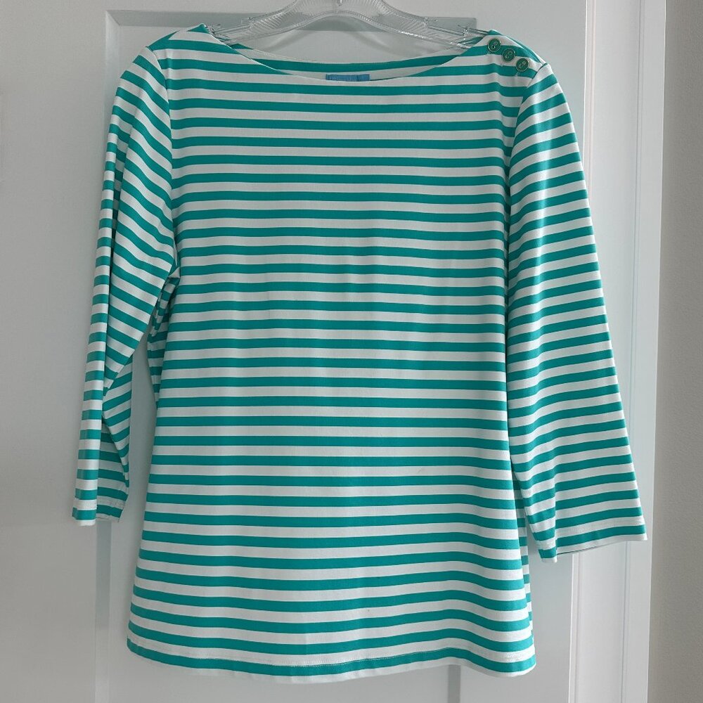 J.McLaughlin/ Wavesong Tee/ White + Teal stripe - 3/4 sleeve/ LIKE NEW! / LG